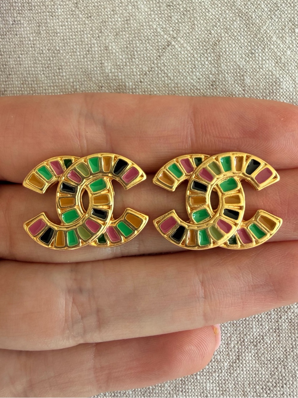 CHANEL Gold-Tone CC Logo Earrings with Green, Pink & Black Enamel